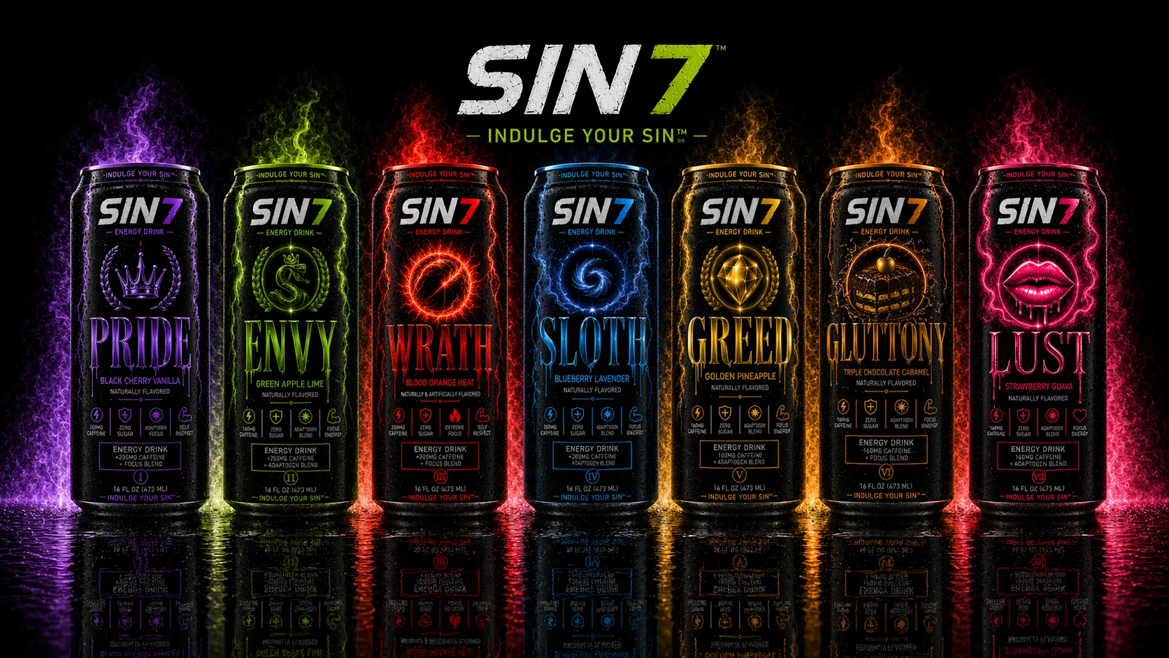 SIN7 Energy Drinks lineup